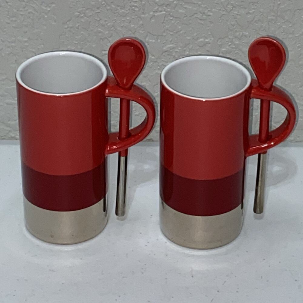 Starbucks Red Silver Chrome‎ Verismo Latte Mug with Spoon 8oz Set Of 2 Mugs 2014